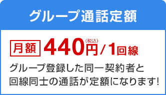グループ通話定額 月額440円（税込）/1回線 グループ登録した同一契約者と回線同士の通話が定額になります！