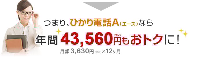 つまり、ひかり電話A（エース）なら年間43,560円（税込）もおトクに！