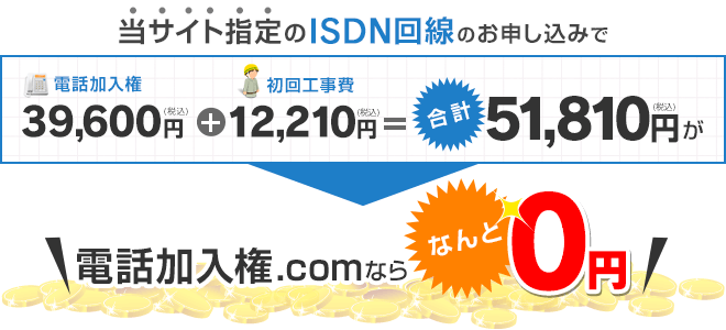 当サイト指定のISDN回線のお申し込みで電話加入権：39,600円＋初回工事費：12,210円＝合計56,991円（税込）が電話加入権.comならなんと0円