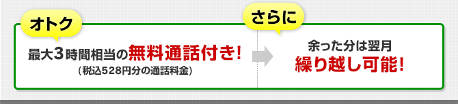 おとく！最大3時間相当の無料通話付き、さらに繰り越し可能