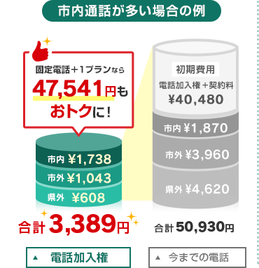 市内通話が多い場合の例　固定電話＋1プランなら47,541円もおトクに！